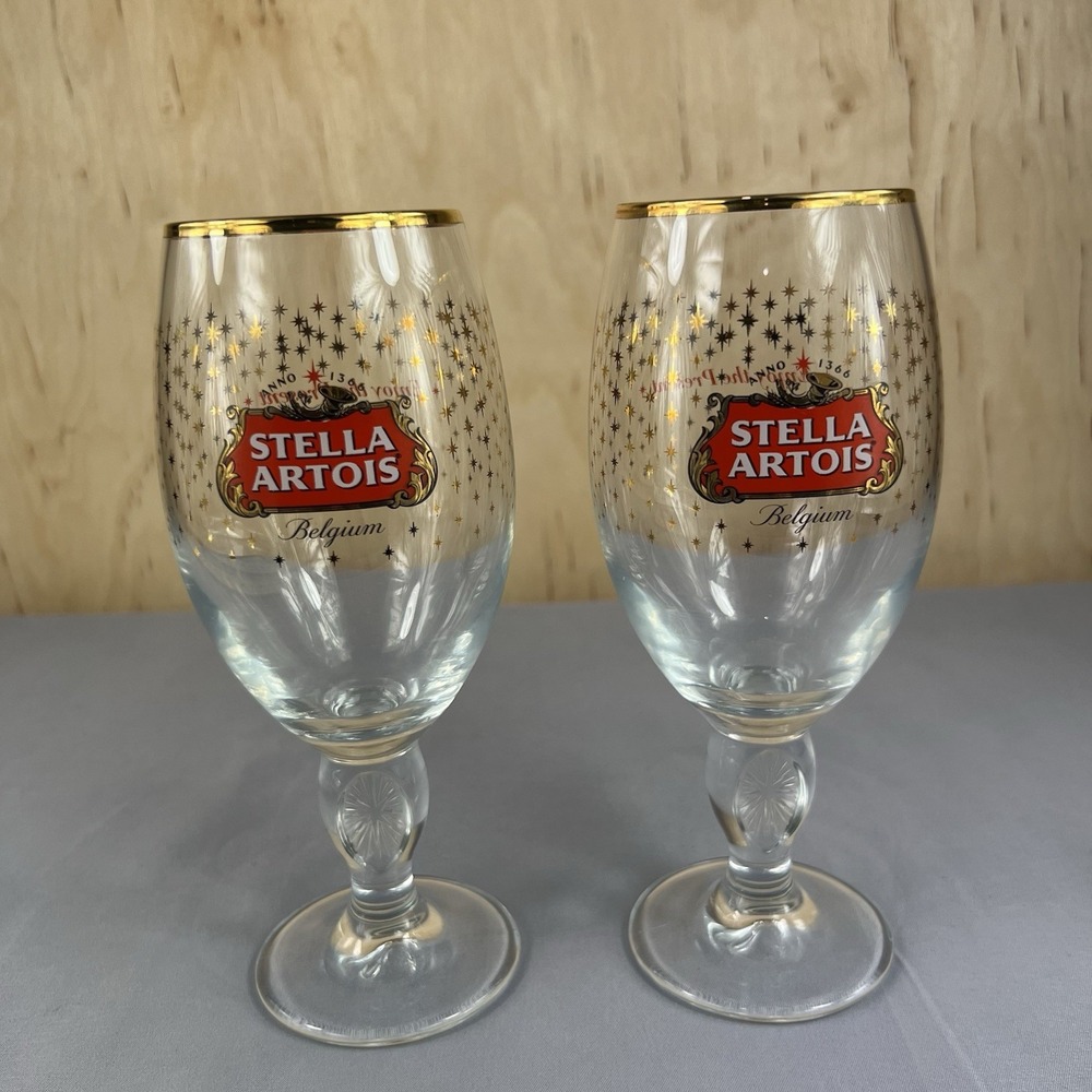 Set of 2 Stella Artois Belgium Chalices ANNO 1366 Gold Multiple Stars